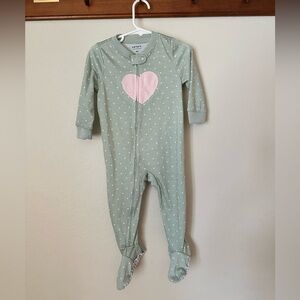 Carter's Sage Green Polka Dot Footed One-Piece with Pink Heart Applique